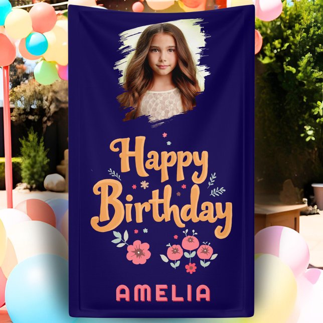 Floral Flowers Happy Birthday Handlettering Photo  Banner (Creator Uploaded)