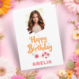 Floral Flowers Happy Birthday Handlettering Photo Card
