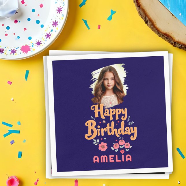 Floral Flowers Happy Birthday Handlettering Photo  Napkin (Creator Uploaded)