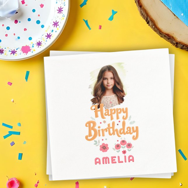 Floral Flowers Happy Birthday Handlettering Photo  Napkin (Creator Uploaded)