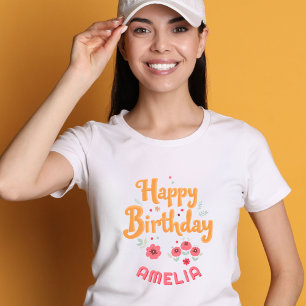 Floral Flowers Happy Birthday Handlettering T-Shirt