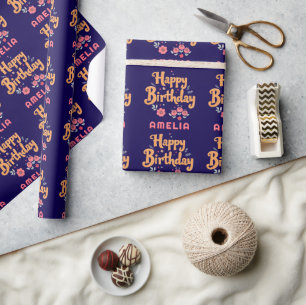Floral Flowers Happy Birthday Handlettering Wrapping Paper