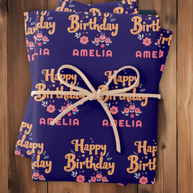 Floral Flowers Happy Birthday Handlettering Wrapping Paper Sheet (Creator Uploaded)