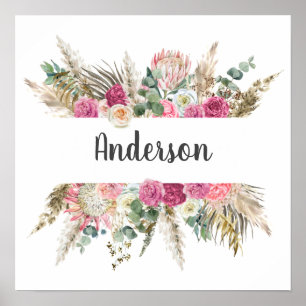 Floral, Flowers Monogram Last Name Wedding Gift  Poster