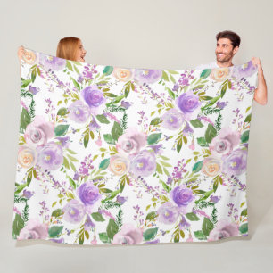 *~* Floral Flowers Pattern Print Lavender White Fleece Blanket