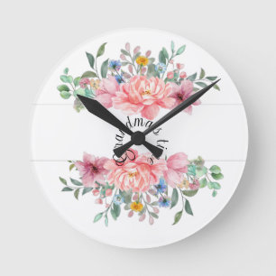 Floral Flowers Pink Pastel Clock