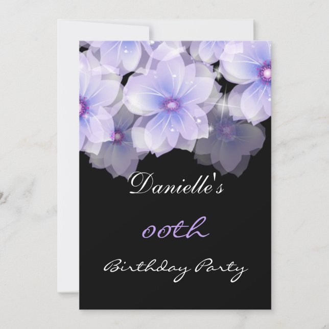 Floral Flowers Purple Lilac Black Birthday Party Invitation (Front)