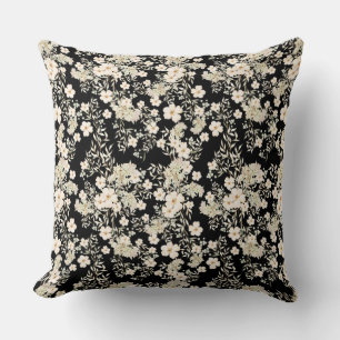 Floral Flowers Wildflowers Leaves Black Background Cushion