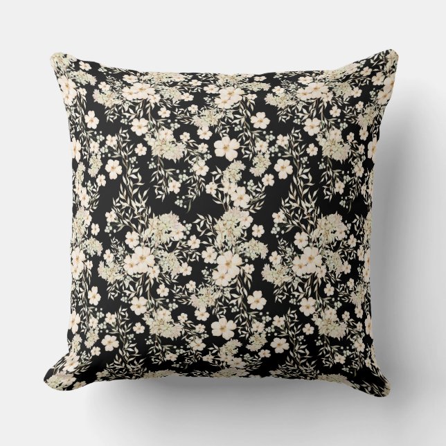Floral Flowers Wildflowers Leaves Black Background Cushion (Front)