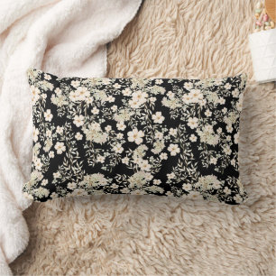 Floral Flowers Wildflowers Leaves Black Background Lumbar Cushion