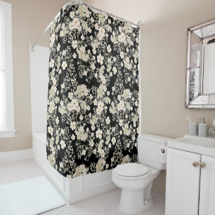 Floral Flowers Wildflowers Leaves Black Background Shower Curtain