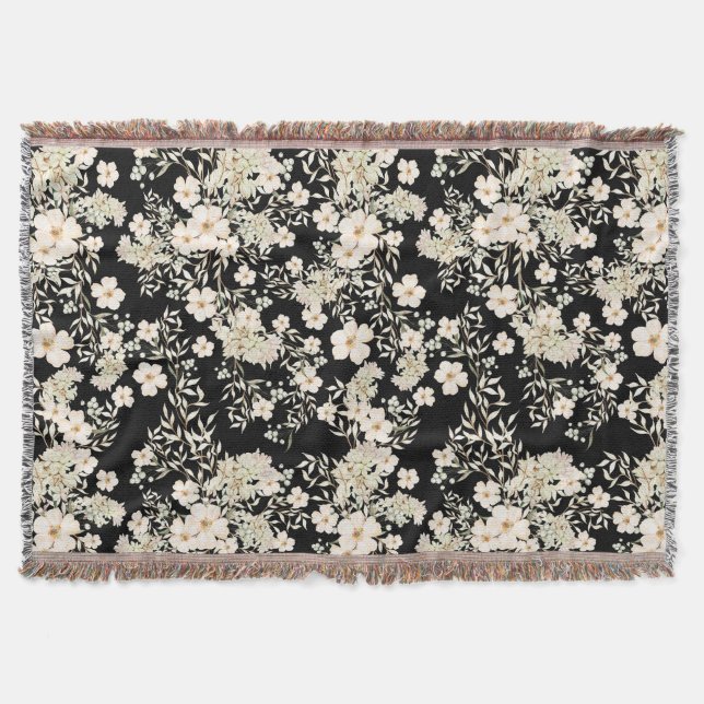 Floral Flowers Wildflowers Leaves Black Background Throw Blanket (Front)
