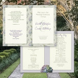 Floral Folded Church Wedding Program Template<br><div class="desc">Folded wedding program with floral deign and long church ceremony template. Multi-colour hydrangea flowers with leaves make a background pattern on one side. When folded, these pages will be the front and back of the program. Colours are pale green and lavender. Modern script is used in purple for the couple's...</div>