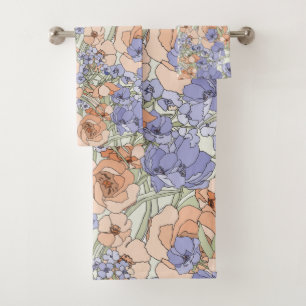 Floral Foliage Flowers Roses Beige Cream Purple    Bath Towel Set