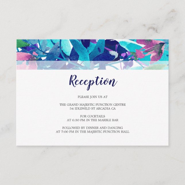 Floral Foliage Navy Aqua Purple Wedding Reception Enclosure Card (Front)