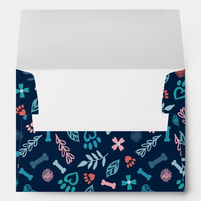 Floral & Foliage Pet Paw Print & Bone Pattern Navy Envelope (Back (Bottom))