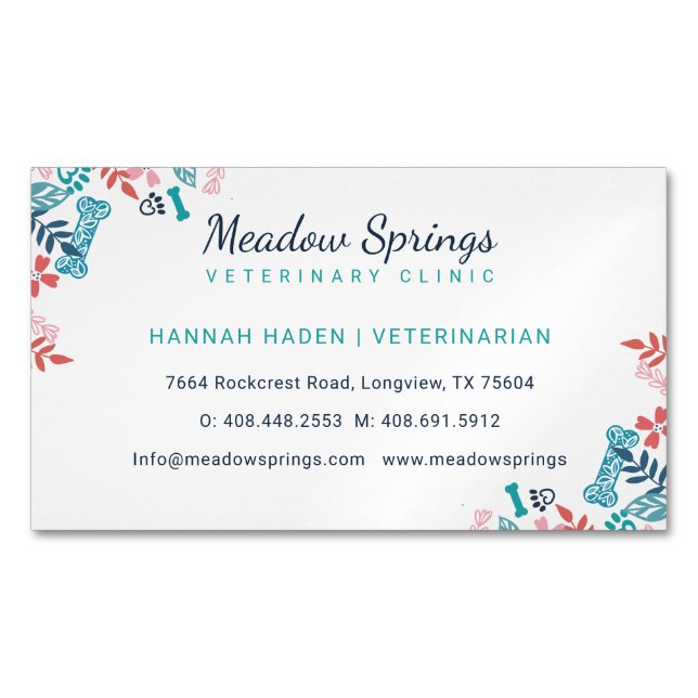 Floral & Foliage Pet Paw Print Pattern Magnetic Business Card (Front)
