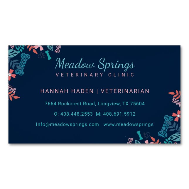 Floral & Foliage Pet Paw Print Pattern Magnetic Business Card (Front)