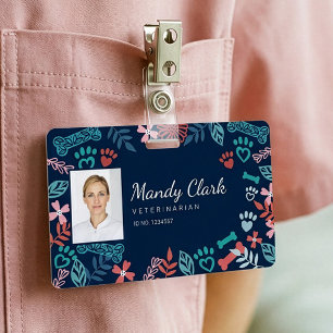 Floral & Foliage Pet Paw Print Pattern Photo ID Badge