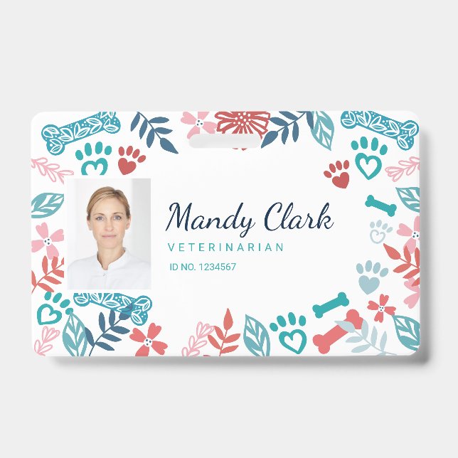 Floral & Foliage Pet Paw Print Pattern Photo ID Badge (Front)