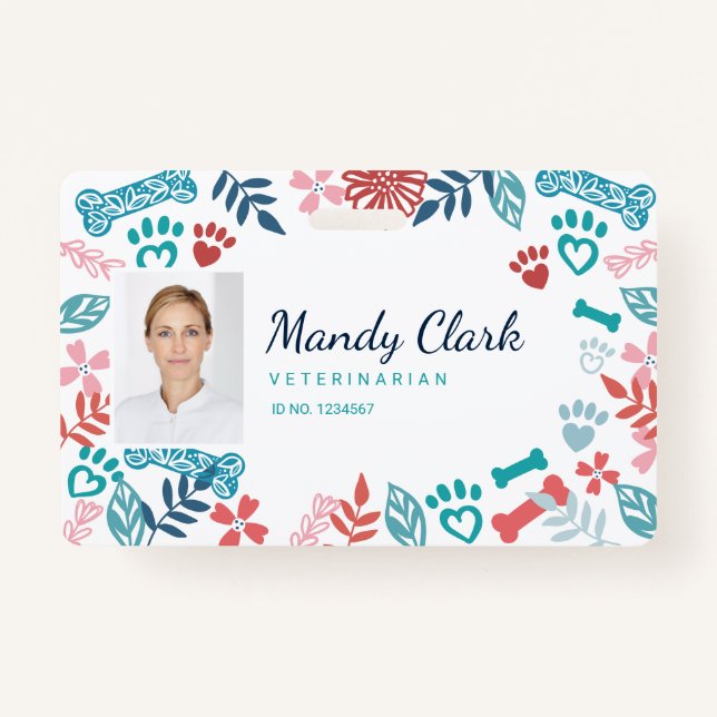 Floral & Foliage Pet Paw Print Pattern Photo ID ID Badge (Front)