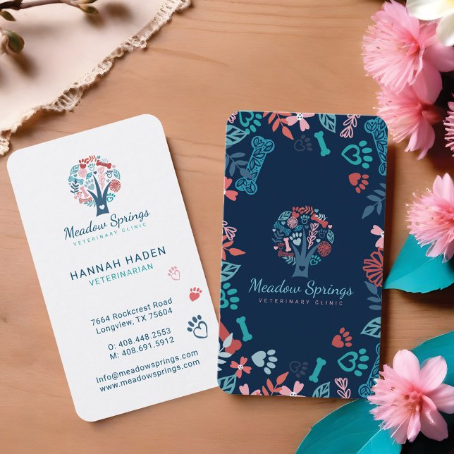 Floral & Foliage Pet Paw Print Pattern Tree Navy Business Card (Floral & Foliage Pet Paw Print Pattern Tree Navy Business Card)