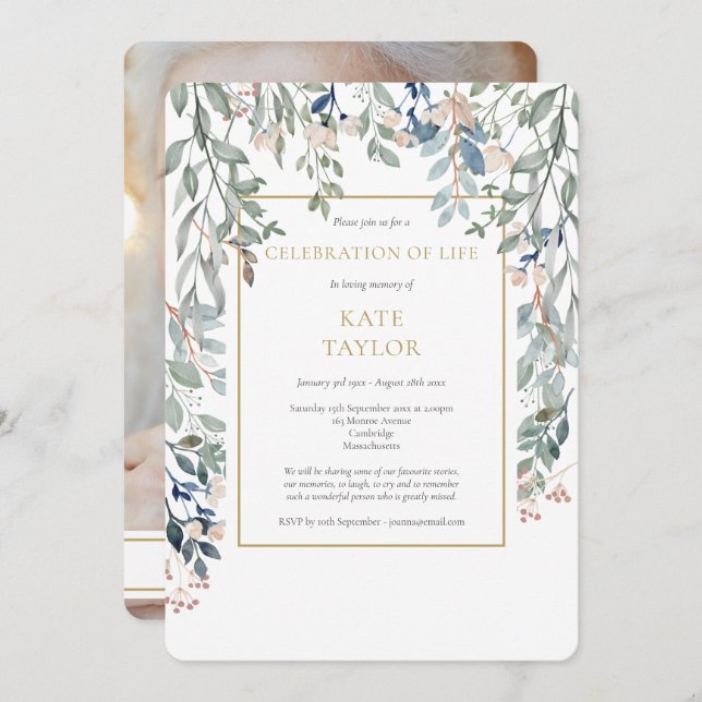 Floral Foliage Photo Funeral Celebration of Life Invitation (Front/Back)