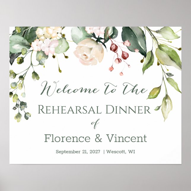 Floral, foliage Rehearsal Dinner Welcome Sign (Front)