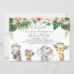 Floral Foliage Safari Animals Baby Shower Invitation