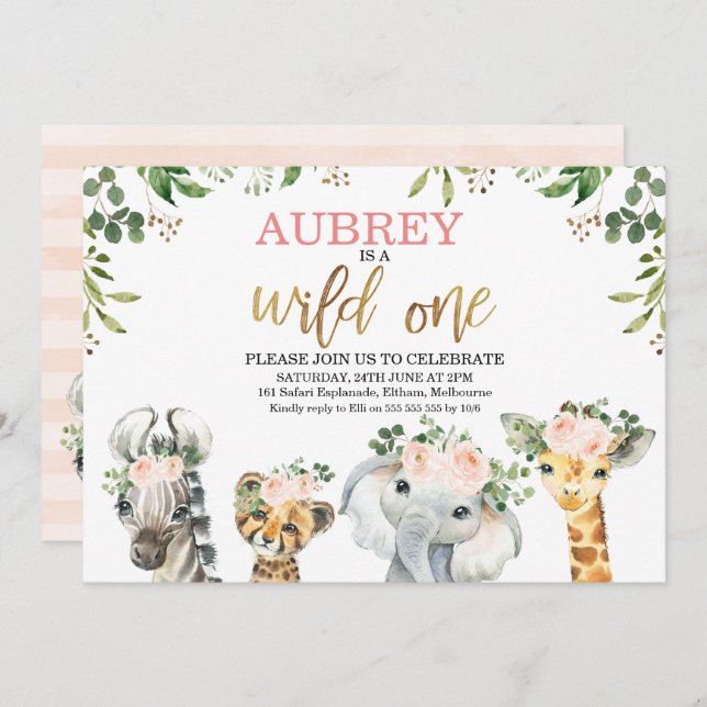 Floral Foliage Wild One Safari Animals Birthday Invitation (Front/Back)