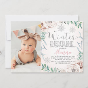 Floral Foliage Winter One-derland Ist Birthday Invitation