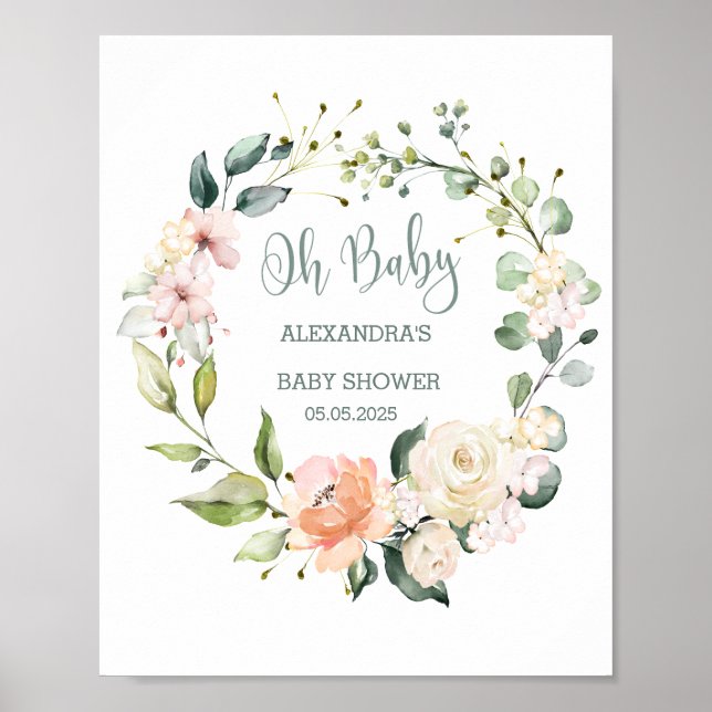 Floral & foliage wreath Baby Shower sign (Front)