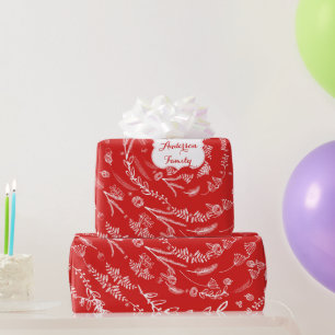 Floral Folk Art Antler Red Christmas Pattern Wrapping Paper