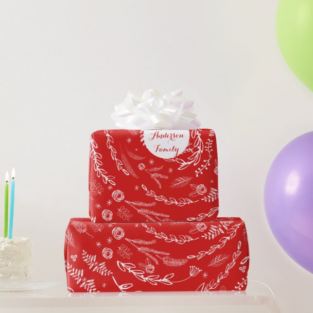 Floral Folk Art Antler Red Christmas Pattern Wrapping Paper (Party Gifts)