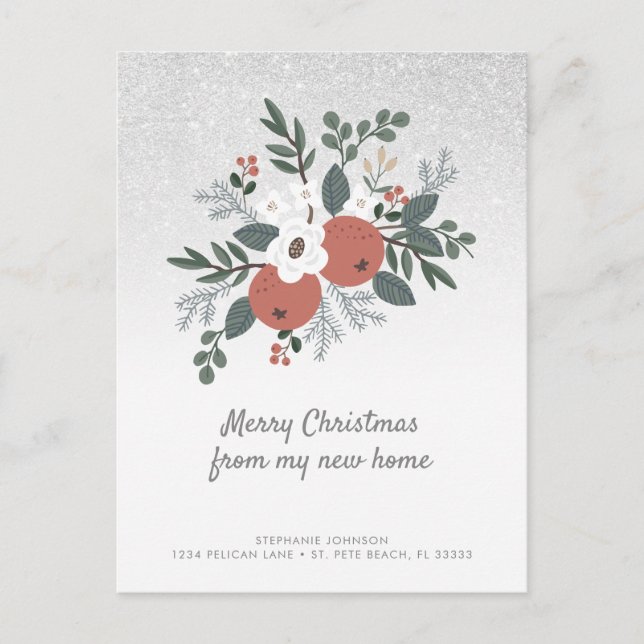 Floral Folk Art Glitter Holiday Moving Postcard (Front)