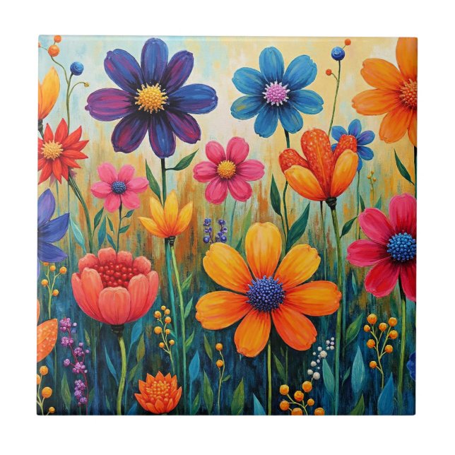 Floral Folk Art Illustration Ceramic Tile (Front)