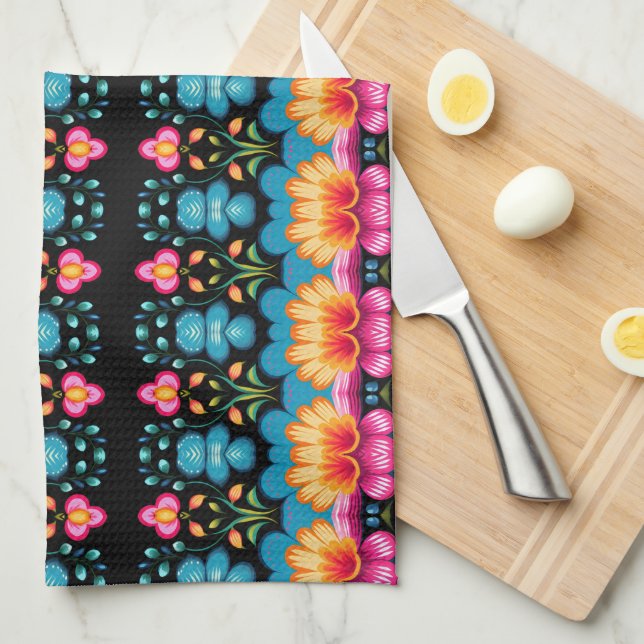 Floral Folk Art Modern Tea Towel (Quarter Fold)