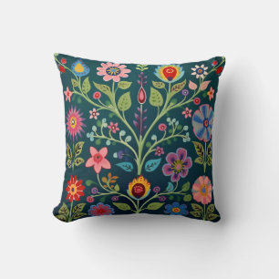 Floral Folk Art Motif on Dark Green Background Cushion