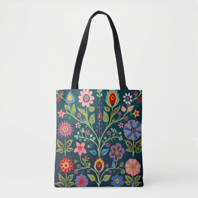 Floral Folk Art Motif Tote Bag (Front)