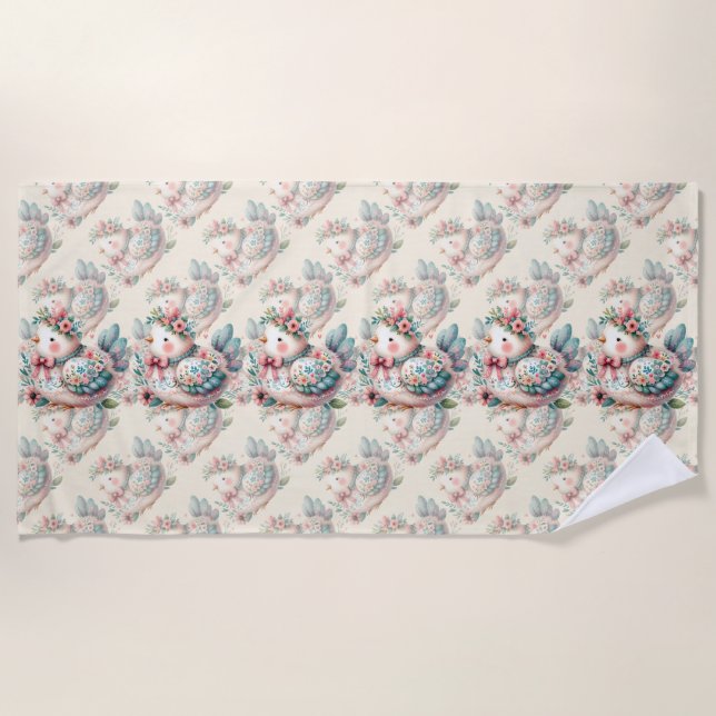 Floral Folk Bird with Pastel Boho Charm Beach Towel (Front)