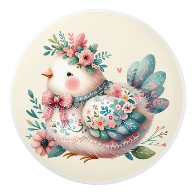 Floral Folk Bird with Pastel Boho Charm Ceramic Knob (Front)