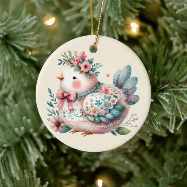 Floral Folk Bird with Pastel Boho Charm Ceramic Ornament (Tree)