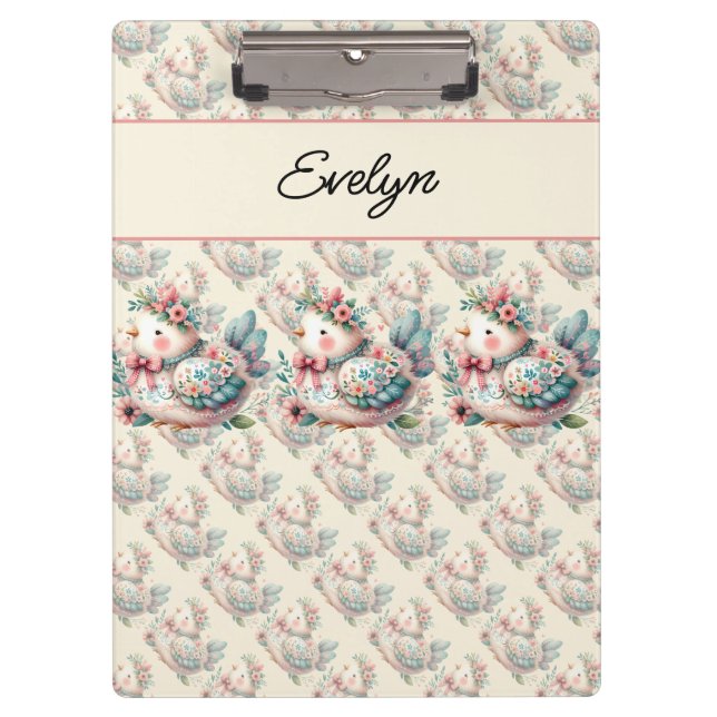 Floral Folk Bird with Pastel Boho Charm Clipboard (Front)