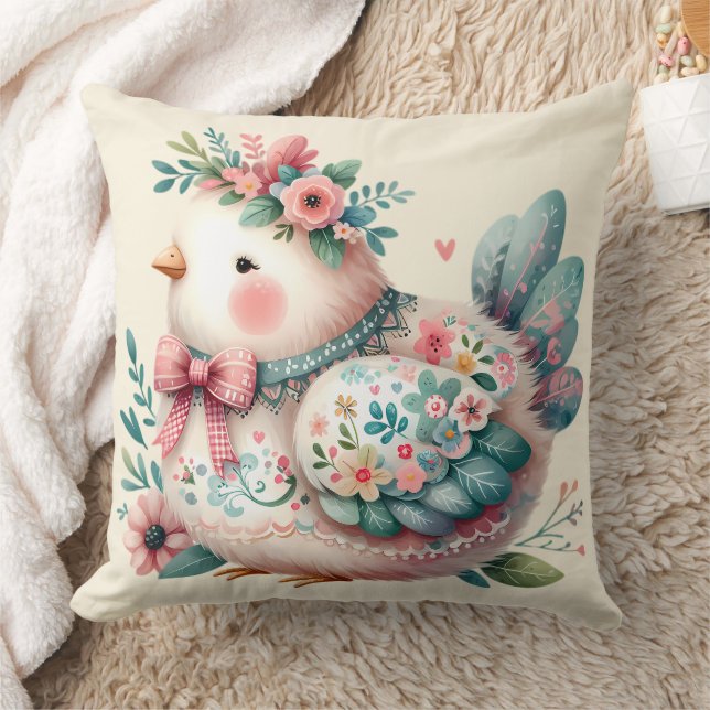 Floral Folk Bird with Pastel Boho Charm Cushion (Blanket)