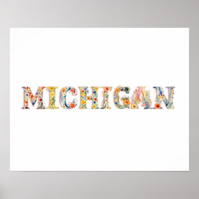Floral Font State Art Print  (Michigan) (Front)