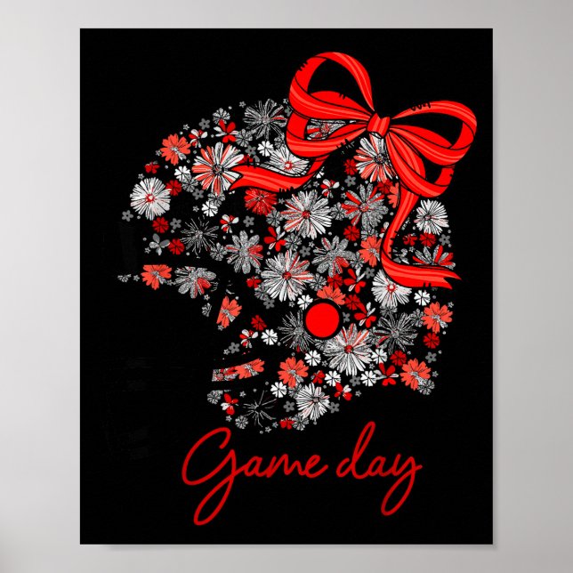 Floral Football Game Day Girly Team Srit Black Red Poster (Front)