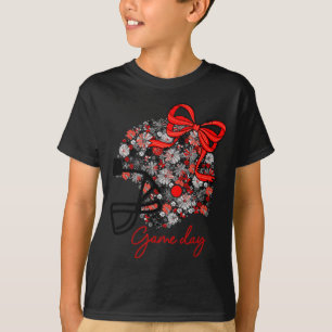 Floral Football Game Day Girly Team Srit Black Red T-Shirt