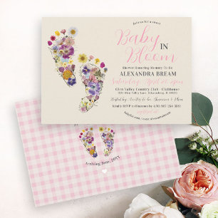 Floral Footprint Beige Baby Girl Shower Invitation