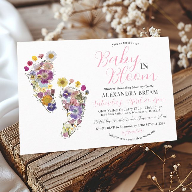 Floral Footprints Pink Baby Girl Shower Invitation (Baby In Bloom Cute Floral Footprints Pink Baby Girl Baby Shower Invitation, pressed flowers)
