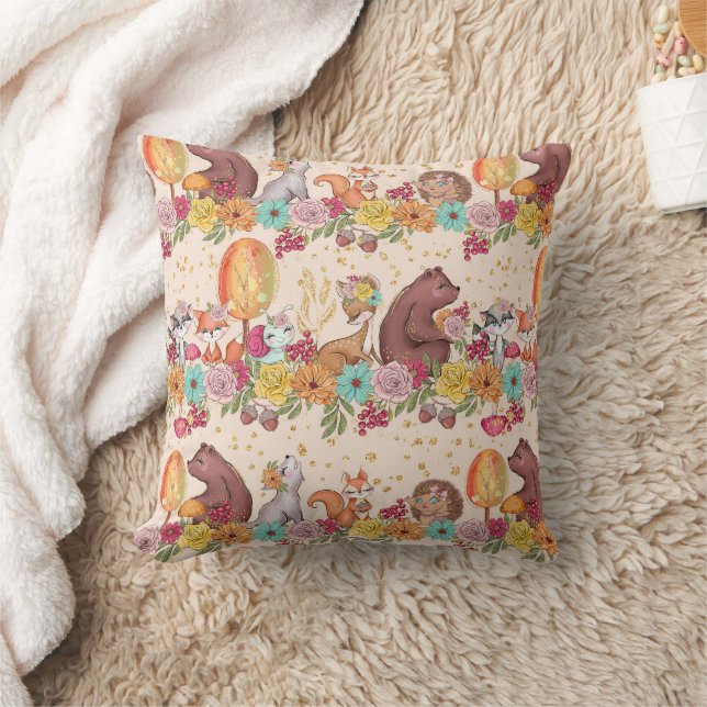 Floral Forest Friends Woodland Animals Pattern Cushion (Blanket)